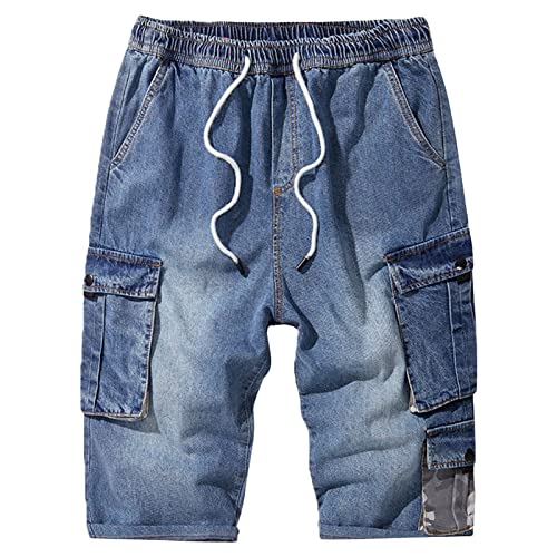 Baggy Cargo Jeans Shorts für Herren Elastischer Bund Mehrere Taschen, 3/4 Denim Shorts Lockere Passform Unter dem Knie Hip Hop Denim Shorts (Blau,S) von JEShifangjiusu