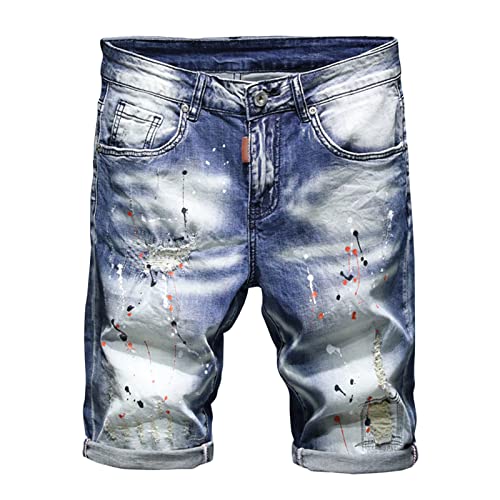 Gewaschene Distressed Denim Shorts für Herren mit Vintage Print Zerrissene Jeans Shorts Lässige Gerade Geschnittene Jeanshose mit Loch (Blau 2,29) von JEShifangjiusu