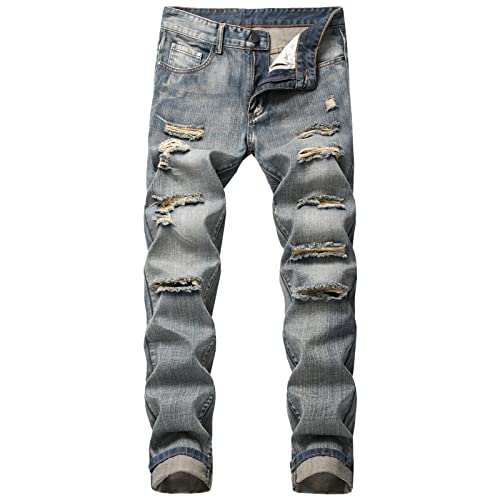 Herren Biker Reißverschluss Deco Jeans Slim Straight Fit Distressed Denim Hose Vintage Zerrissene Gewaschene Röhrenjeans (36,Dunkelblau 2) von JEShifangjiusu