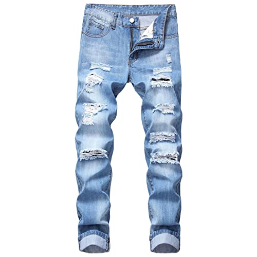 Herren Biker Reißverschluss Deco Jeans Slim Straight Fit Distressed Denim Hose Vintage Zerrissene Gewaschene Röhrenjeans (42,Hellblau) von JEShifangjiusu