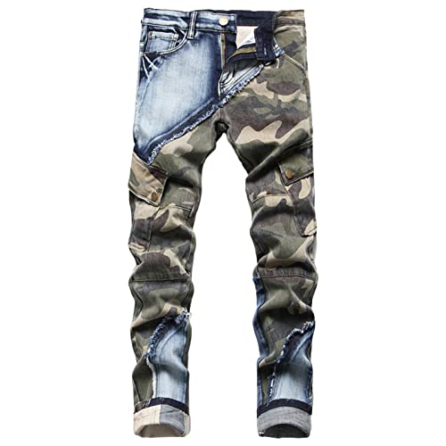 Herren Camo Patchwork Denim Jeans Distressed Patched Cargo Hip Hop Jeans Multi Pockets Washed Patches Jean (Armeegrün,32) von JEShifangjiusu