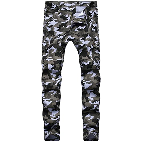 Herren Camouflage Jeans mit Seitentaschen Gewaschene Slim Fit Denimhose in Distressed Optik Bedruckte Skinny Stretch Moto Biker Cargo Jeans (34,Farbe) von JEShifangjiusu