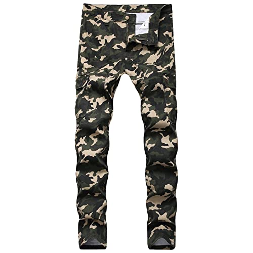 Herren Camouflage Jeans mit Seitentaschen Gewaschene Slim Fit Denimhose in Distressed Optik Bedruckte Skinny Stretch Moto Biker Cargo Jeans (36,Armeegrün) von JEShifangjiusu