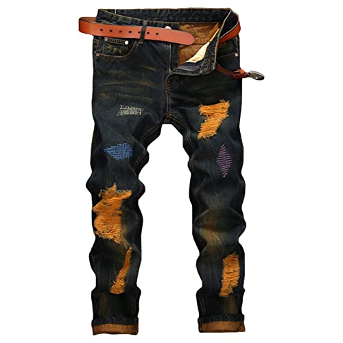 Herren Distressed Destroyed Patch Jeans Jeanshose mit Zerrissenem Stickereidruck Retro Hip Hop Jeans mit Geradem Bein (Dunkelblau,42) von JEShifangjiusu