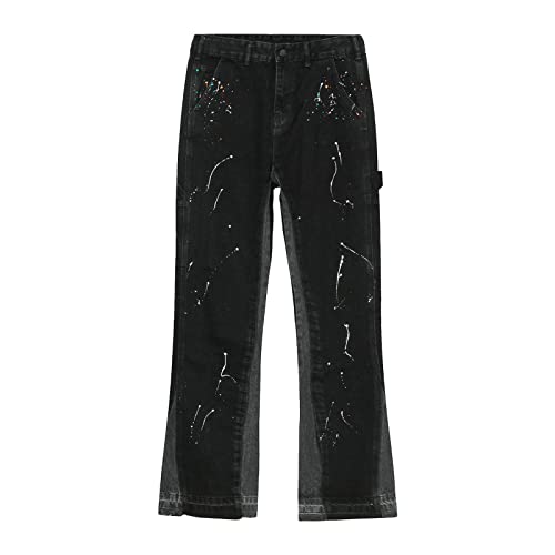 Herren Distressed Paint Splatter Jeans Vintage Washed Straight Fit Jeanshose Retro Hip Hop Slim Jeanshose (Schwarz,M) von JEShifangjiusu