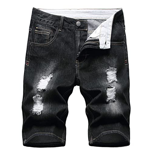 Herren Hip Hop Ripped Denim Short Vintage Distressed Moto Jeans Shorts Ausgefranstes Loch Lässige Street Jean Short Pants (Schwarz,34) von JEShifangjiusu