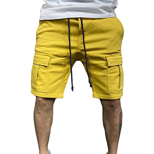 Herren Lässige Kordelzug Cargo Shorts Sommer Outdoor Multi Pocket Baumwolle Kurze Elastische Taille Strand Laufen Wanderhose (Gelb,XXL) von JEShifangjiusu