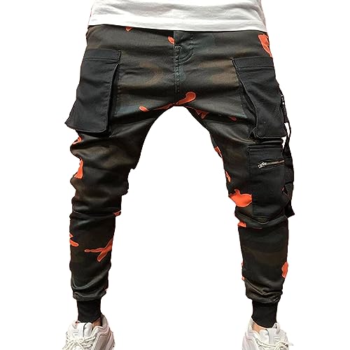 Herren Multi-Pocket Printed Foot Hip-Hop Hose Mid-Waist Slim Sweatpants Micro-Elastic Sweat-Absorbent Slacks (Rote 1 PC,M) von JEShifangjiusu