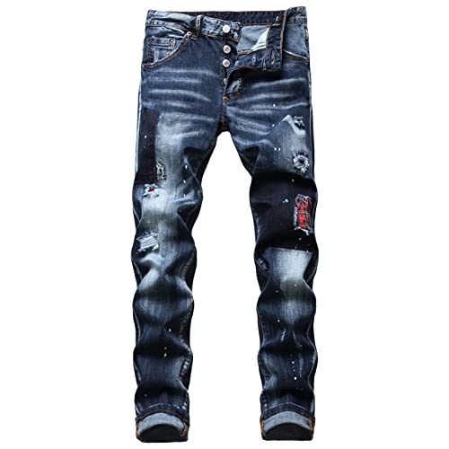 Herren Ripped Slim Fit Stretch Jeans Distressed Holes Skinny Jeanshose Vintage Hip Hop Washed Tapered Leg Jeans (Blau,34(50)) von JEShifangjiusu