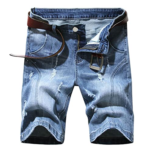 Herren Shorts aus Gewaschenem Distressed Denim Klassische Vintage Jeansshorts mit Geradem Schnitt und Ausgefransten Stretch Jeans mit Löchern (Blau,28) von JEShifangjiusu