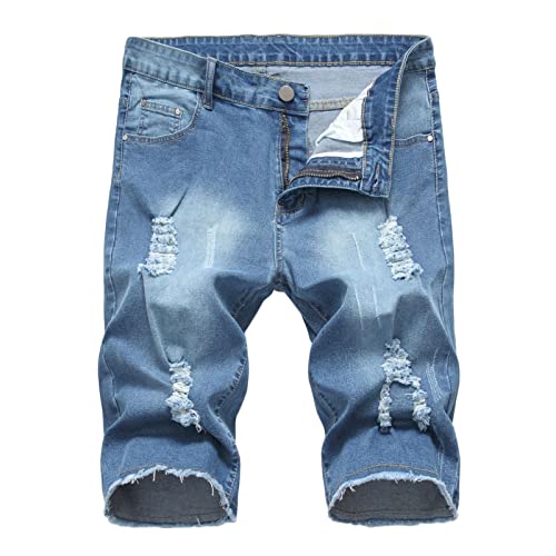 Herren Zerrissene Ausgefranste Jeans Kurze Klassische Vintage Leichte Jeansshorts Sommer Outdoor Straight Hole Jean Short Pants (Blau,40) von JEShifangjiusu
