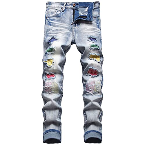 Herren Zerrissene Vintage Biker Jeans Distressed Destroyed Zipper Denim Pants Straight Holes Moto Patch Hip Hop Jean (Hellblau 2,40) von JEShifangjiusu
