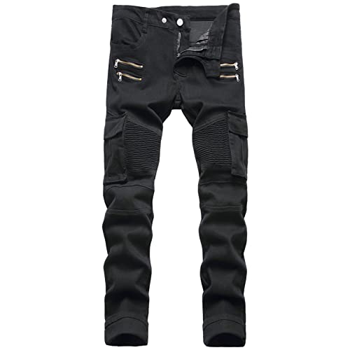 Herren Zerrissene Vintage Biker Jeans Distressed Destroyed Zipper Denim Pants Straight Holes Moto Patch Hip Hop Jean (Schwarz 2,34) von JEShifangjiusu