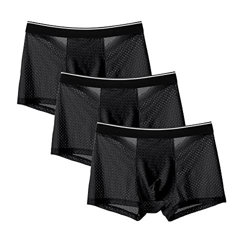 JEShifangjiusu Boxershorts FüR MäNner Mit Mittlerer Taille Aus Mesh Atmungsaktive EIS-Seiden-UnterwäSche Gestrickte Bequeme Unterhosen (Schwarze 3PC,5XL) von JEShifangjiusu