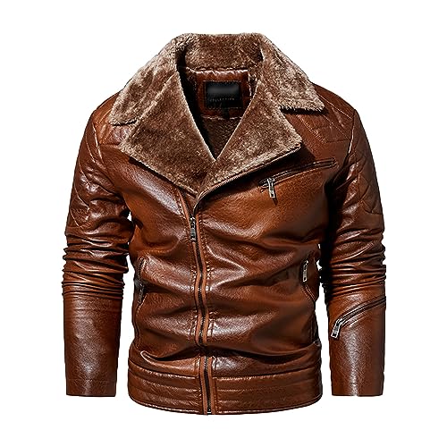 JEShifangjiusu Herren Pelzkragen Multi-Zipper Leder Mantel Futter Fleece Gepolstert Jacke Casual Loose Outwear (Gelb,XL) von JEShifangjiusu
