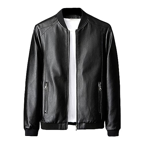 JEShifangjiusu Herren ReißVerschluss Doppeltasche Lederjacke Slim-Fit Stehkragen Dicker Mantel Freizeit GefüTtert Fleece Outwear (Schwarz,L) von JEShifangjiusu