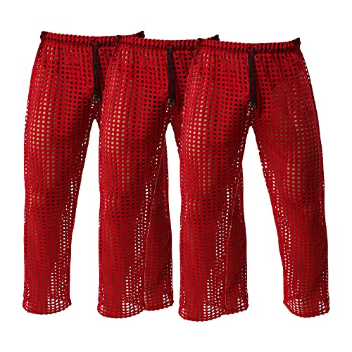 JEShifangjiusu Sexy Netzhosen FüR MäNner Mit Niedriger Taille Hohle Lange Hose LäSsige Tether Long Pants (Die rote 3pc,XL) von JEShifangjiusu