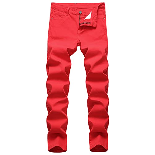 JEShifangjiusu Slim Fit Stretch Jeans für Herren Skinny Gerades Bein Vintage Denim Hose Retro Gewaschene Bequeme normal Geschnittene Biker Jeans (Rot,34) von JEShifangjiusu
