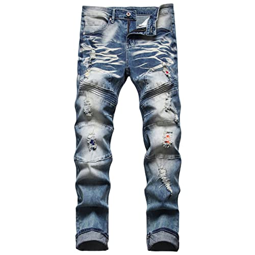 Männer Zerrissene Vintage Biker Jeans Zerstörte Jeanshose mit Reißverschluss im Distressed Stil Hip Hop Jeans mit Geraden Löchern und Moto Patch (32,Blau 1) von JEShifangjiusu