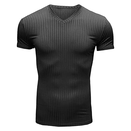 Men's Ice Silk V-Neck Slim Short Sleeve Sports Solid Color Fitness T-Shirt Jacket Jacquard Top (Schwarz 1 PC,M) von JEShifangjiusu