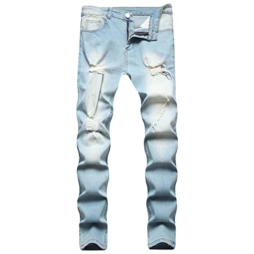 Skinny Zerrissene Jeans für Herren Slim Fit Distressed Stretch Denimhose Vintage Jeanshose mit Schmal Zulaufendem Bein im Destroyed Stil (34,Blau) von JEShifangjiusu