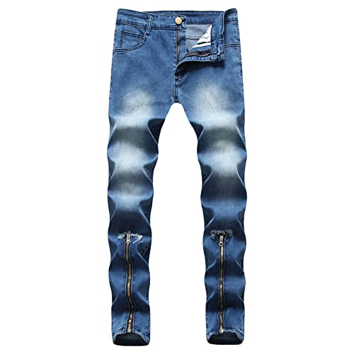 Slim Fit Jeans mit Zerrissenen Patches für Herren Jeanshose mit Geradem Bein und Distressed Patch Dehnbare Skinny Holes Jeanshose (M,Blau) von JEShifangjiusu