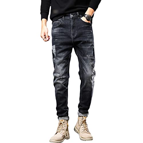 Slim Fit Jeans mit Zerrissenen Patches für Herren Jeanshose mit Geradem Bein und Distressed Patch Vintage Dünne Löcher Jeanshose (34,Schwarz) von JEShifangjiusu