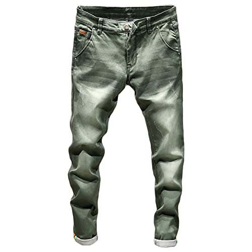 Slim Fit Stretch Jeans für Herren Klassische Einfarbige Jeanshose mit Schmal Zulaufendem Bein Komfort Jeans mit Retro Waschung in Distressed Optik (32,Dunkelgrün) von JEShifangjiusu