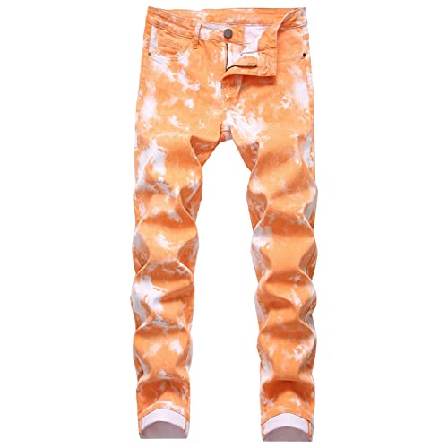 Stylische Stretch Jeans mit Batikmuster für Herren Leichte Distressed Comfort Jeanshose Slim Fit Retro Hip Hop Jeans (38,Orange) von JEShifangjiusu