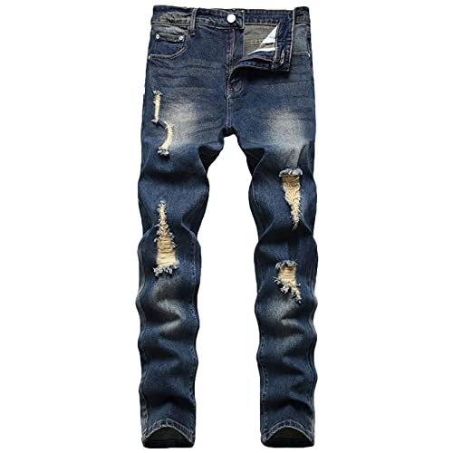 Zerrissene Dünne Stretch Jeans für Herren Distressed Destroyed Slim Fit Jeanshose Biker Jeans mit Geradem Bein und Löchern (34,Dunkelblau) von JEShifangjiusu