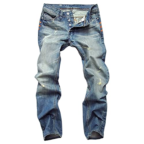 Zerrissene Jeans mit Geradem Bein für Herren Distressed Retro Button Denim Pants Washed Hip Hop Biker Slim Fit Jeans (Hellblau,29) von JEShifangjiusu