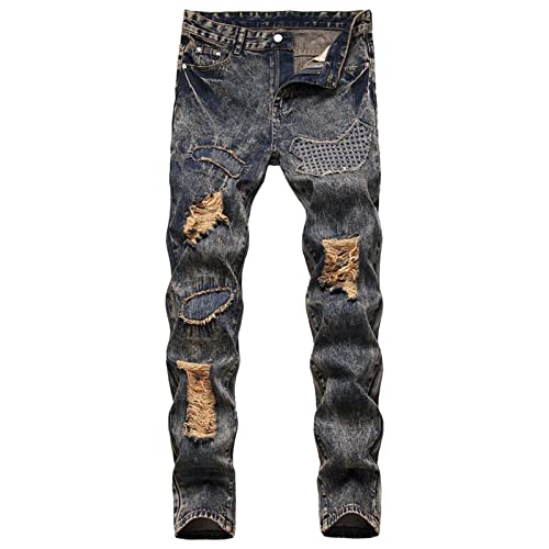Zerrissene Patch Jeans für Herren im Retro Stil Gewaschene Distressed Hip Hop Denimhose Moto Biker Slim Fit Jeans mit Geradem Bein (29,Dunkelblau) von JEShifangjiusu