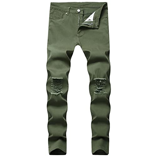 Zerrissene Skinny Stretch Jeans für Herren Vintage Distressed Jeanshose mit Geradem Bein Destroyed Jeanshose in Normaler Passform (36,Armeegrün) von JEShifangjiusu