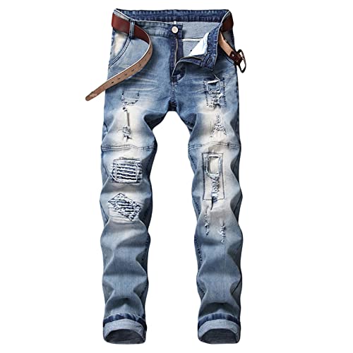 Zerrissene Slim Fit Jeans mit Aufnähern für Herren Distressed Washed Moto Biker Jeanshose Stretch Hip Hop Jeans mit Geradem Bein (30,Hellblau) von JEShifangjiusu