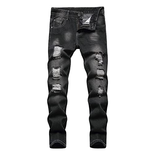 Zerrissene Slim Straight Fit Jeans für Jungen Destroyed Distressed Denim Jeans Klassische Gewaschene Jeanshose für Kinder mit Löchern (12,Schwarz) von JEShifangjiusu