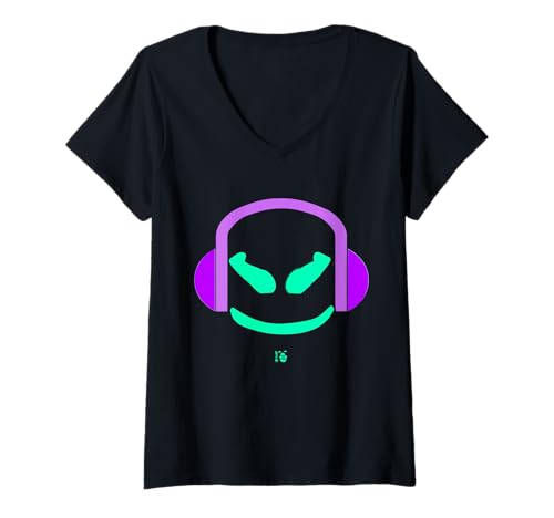 Damen Funny AngryFace Malve mit Kopfhörern, Violett T-Shirt mit V-Ausschnitt Damen Funny AngryFace Malve mit Kopfhörern, Violett T-Shirt mit V-Ausschnitt von JETC-33