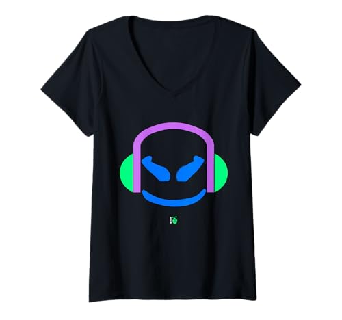 Damen Lustiger DJ AngryFace Malve Lila-Blau T-Shirt mit V-Ausschnitt Damen Lustiger DJ AngryFace Malve Lila-Blau T-Shirt mit V-Ausschnitt von JETC-33