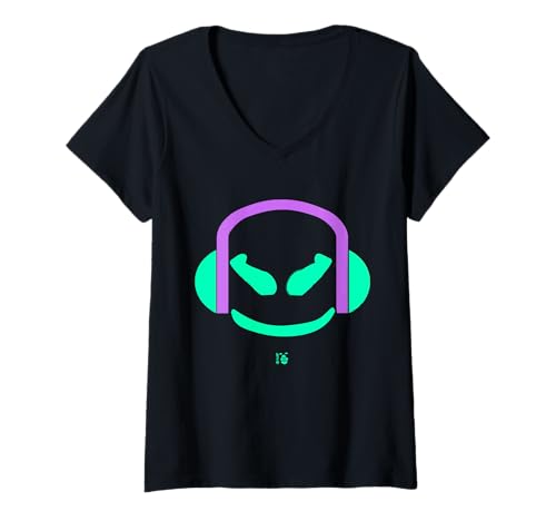 Damen Lustiges DJ Mallow's Face Aqua/Violett T-Shirt mit V-Ausschnitt von JETC-33