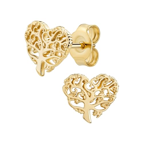 2x kleine Damen Gold-Ohrstecker mit 333 Gelbgold-Herz-Lebensbaum Gelbgold massiv Ohrschmuck mit Schmuck-Etui + Echtheitszertifikat von JEVELION