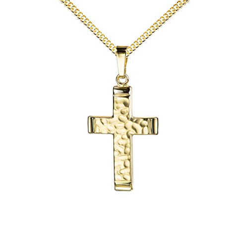 JEVELION Anhänger-Kreuz in markanter Hammerschlag-Optik Goldkreuz für Damen, Herren und Kinder als Kettenanhänger 333 Gold 8 Karat mit Panzer-Kette + Schmuck-Etui von JEVELION