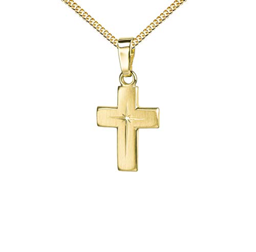 JEVELION Anhänger-Kreuz mit Panzer-Kette vergoldet Goldkreuz für Damen, Herren und Kinder mattiertes Kreuz mit strahlenförmiger Kreuz-Gravur als Kettenanhänger 333 Gold 8 Karat + Schmuck-Etui von JEVELION