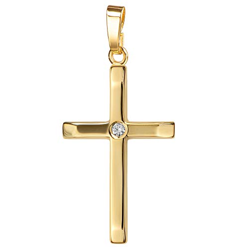 Anhänger-Kreuz modernes formschönes Goldkreuz für Damen, Herren und Kinder als Kettenanhänger 585 Gold 14 Karat + Brilliant mit Schmuck-Etui von JEVELION