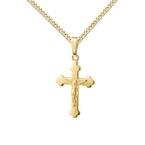 Damen-Gold Kreuzanhänger 333 Kruzifix Echtgold – Anhänger Jesus Christus 8 Karat Gelbgold für Damen Mit Panzerkette 925 Silber vergoldet - Kettenlänge 40 cm. von JEVELION
