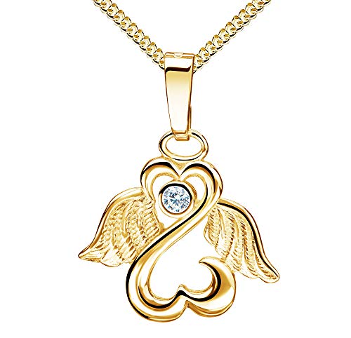 Gold Engel-Herz-Flügel-Anhänger 333 Gold 8 Karat, Kettenanhänger für Damen mit Zirkonia. Mit Kette 45 cm von JEVELION