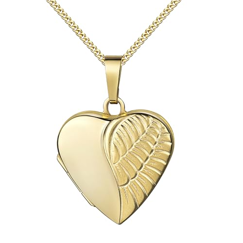 Goldamulett Anhänger Medaillon Herz Engel-Flügel 333 Gold Herzamulett für 2 Bilder zum Öffnen für Damen mit Halskette und Schmuck-Etui Mit Damenkette 925 Silber vergoldet - Kettenlänge 50 cm. von JEVELION