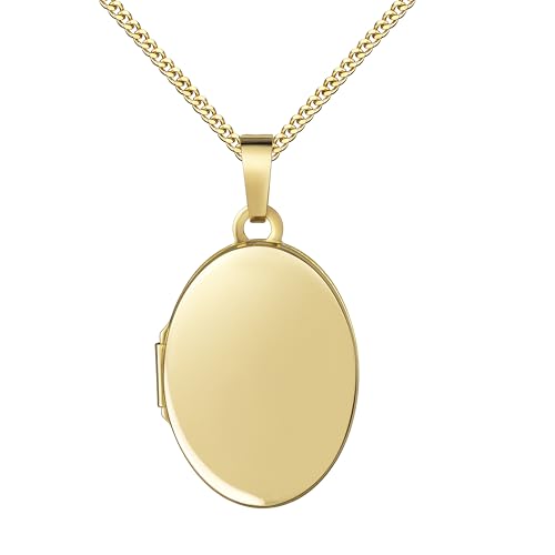 Goldamulett Kleines Medaillon zum Öffnen Anhänger für 2 Bilder 585 Gold /14 Karat 14K / Bilder Amulett oval mit Kette und Schmuck-Etui Mit Damenkette 925 Silber vergoldet - Kettenlänge 50 cm. von JEVELION