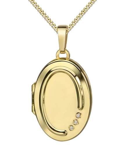 Goldamulett Medaillon Gold 333 Anhänger mit 3 Zirkonia für 2 Bilder Foto Amulett oval zum Öffnen für Damen + Schmuck-Etui und Halskette Mit Damenkette 925 Silber vergoldet - Kettenlänge 50 cm. von JEVELION