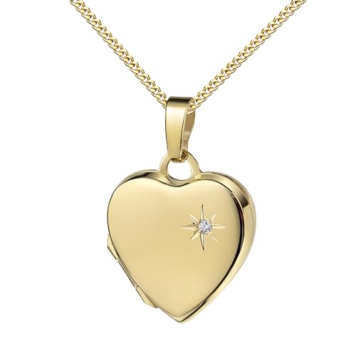 Goldanhänger Gold Medaillon Herz 18 Karat 750 Gold mit Brillant, Herz-Amulett für 2 Bilder zum Öffnen für Damen Herzkette und Schmuck-Etui Mit Halskette 925 Silber vergoldet - Kettenlänge 55 cm. von JEVELION