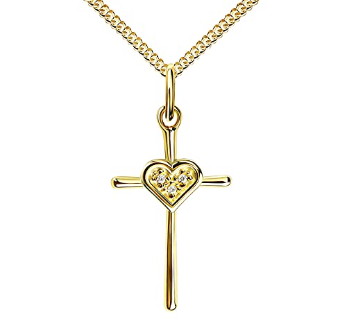 Goldkette Kreuz-Anhänger 333 Gold 8 Karat mit Herz + Zikonia Steine - Damenschmuck Mit Halskette - Kettenlänge 50 cm. von JEVELION