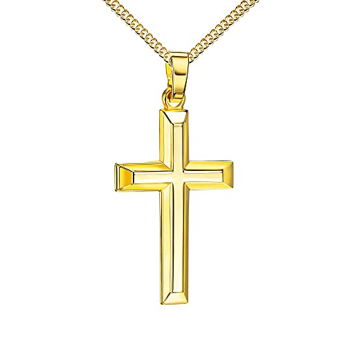 JEVELION Goldkette Kreuz-Anhänger 585 Gold für Damen und Herren Hochglanz poliert mit 3D-Effekt als Ketten-Anhänger + Schmuck-Etui Mit Halskette - Kettenlänge 50 cm. von JEVELION